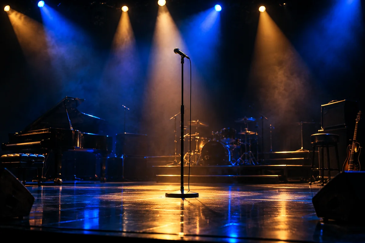 Illustration of an empty performance stage under blue and amber spotlights