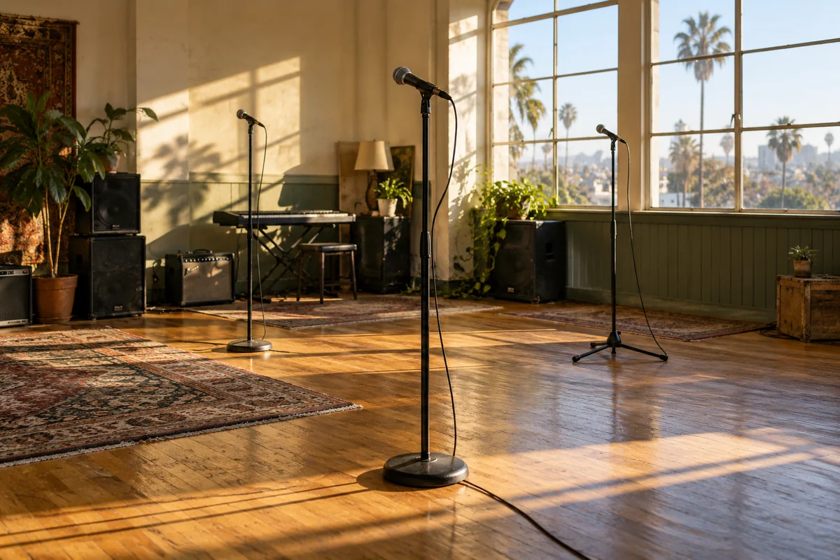 Illustration of three microphones in a sunlit rehearsal room
