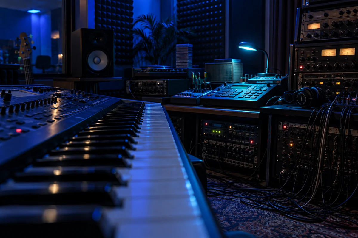 Illustration of a recording studio with a keyboard under blue light