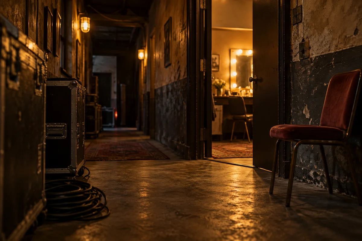 Illustration of an empty backstage corridor with warm lights