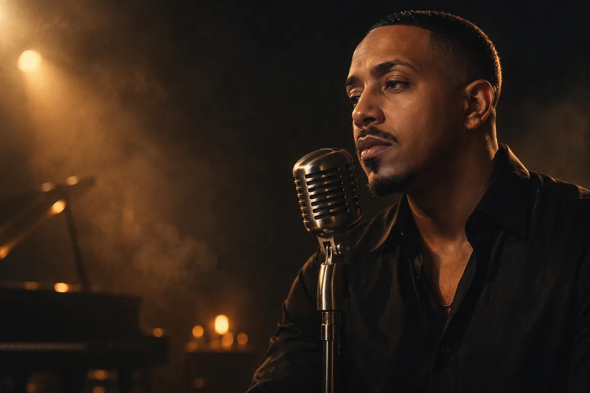 AI-generated interpretive portrait of an adult singer at a microphone, inspired by Marques Houston
