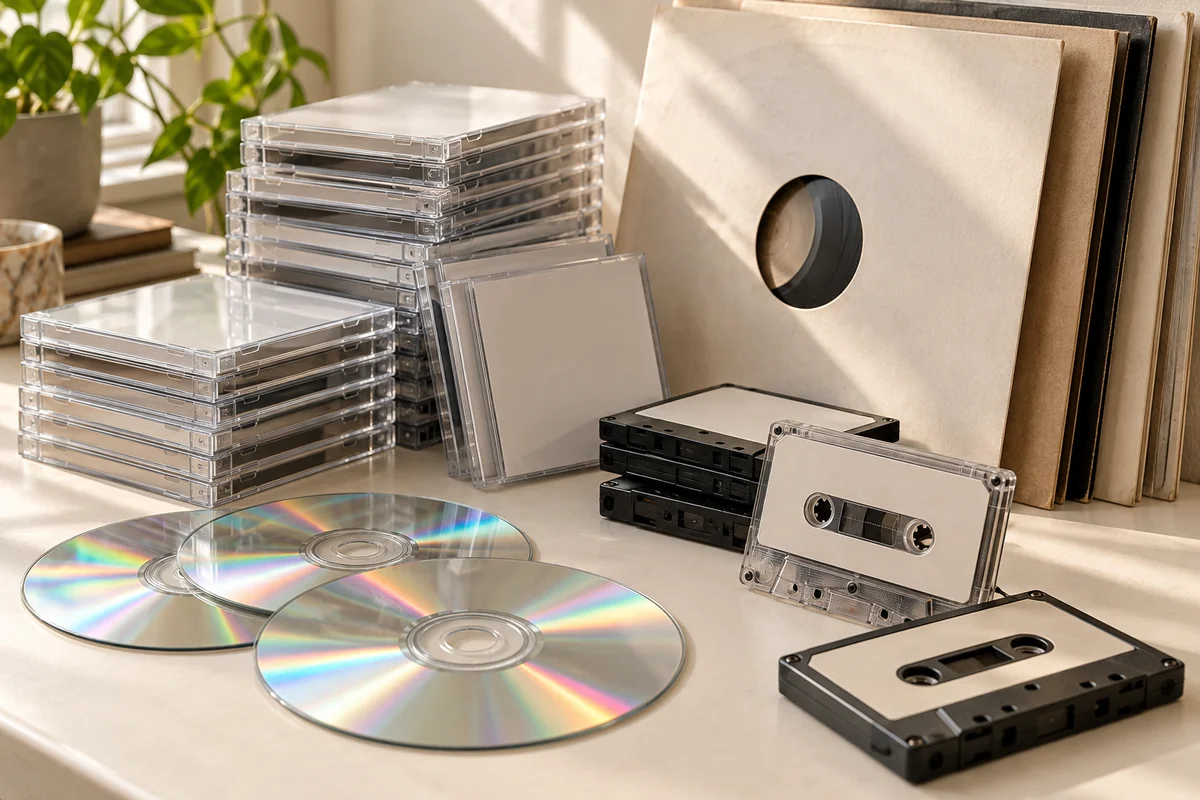 Illustration of CDs, cassettes, and blank record sleeves on a tabletop