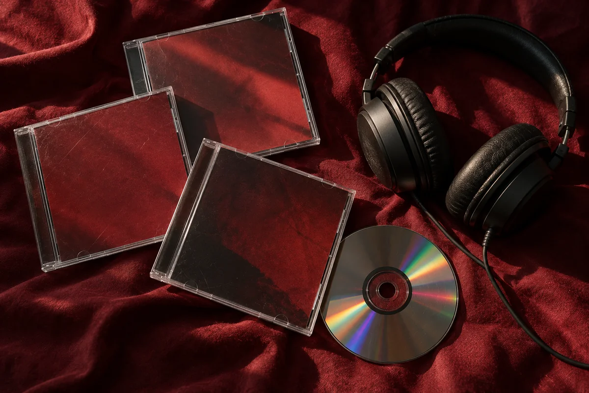 Illustration of three blank CD cases and headphones on burgundy fabric