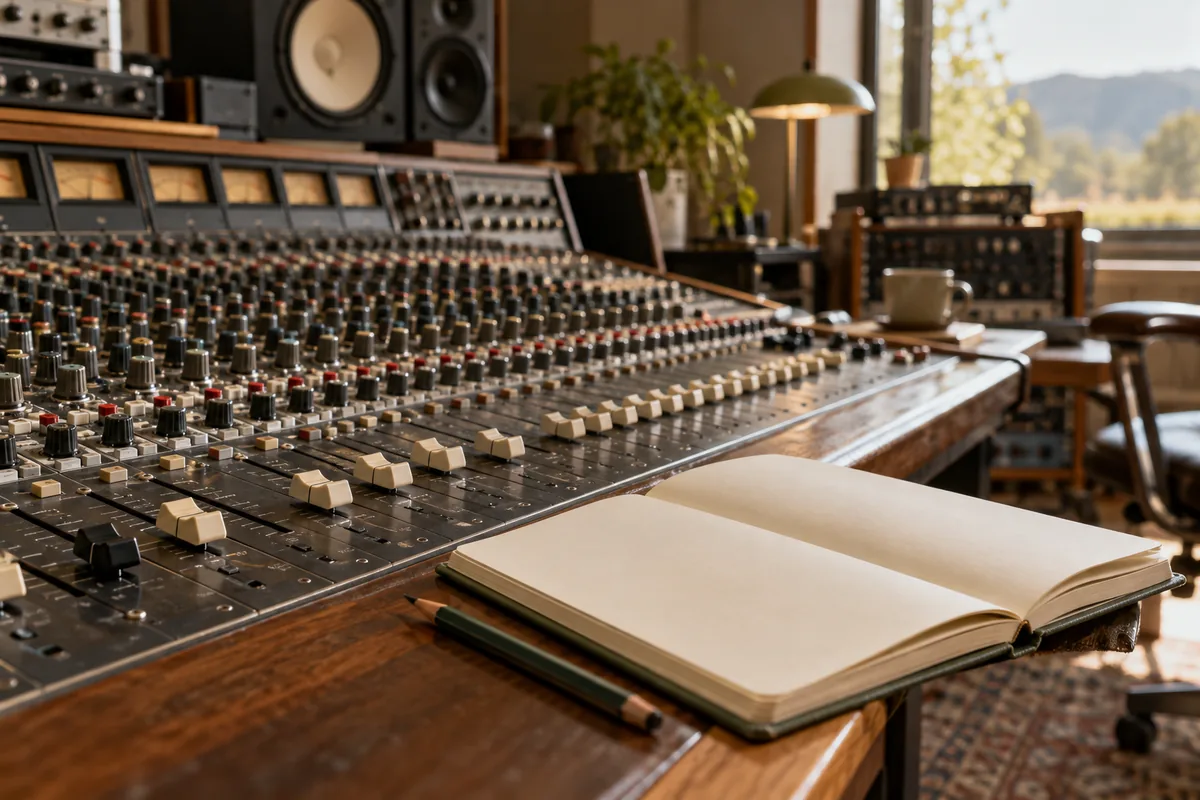 Illustration of a mixing console and open notebook in daylight