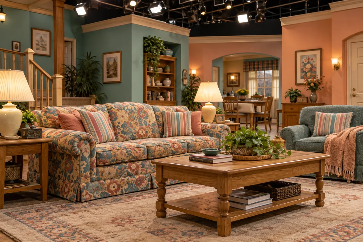 Illustration of an empty 1990s-style sitcom living-room set